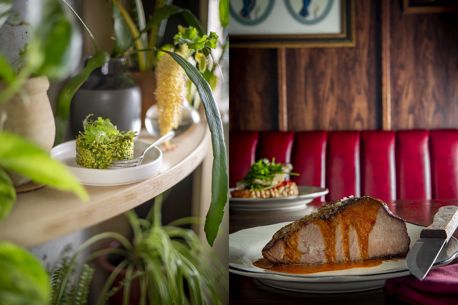 Photographs of meat and vegetarian dishes